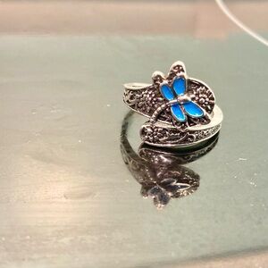 Adjustable Silver and Blue Dragonfly Ring